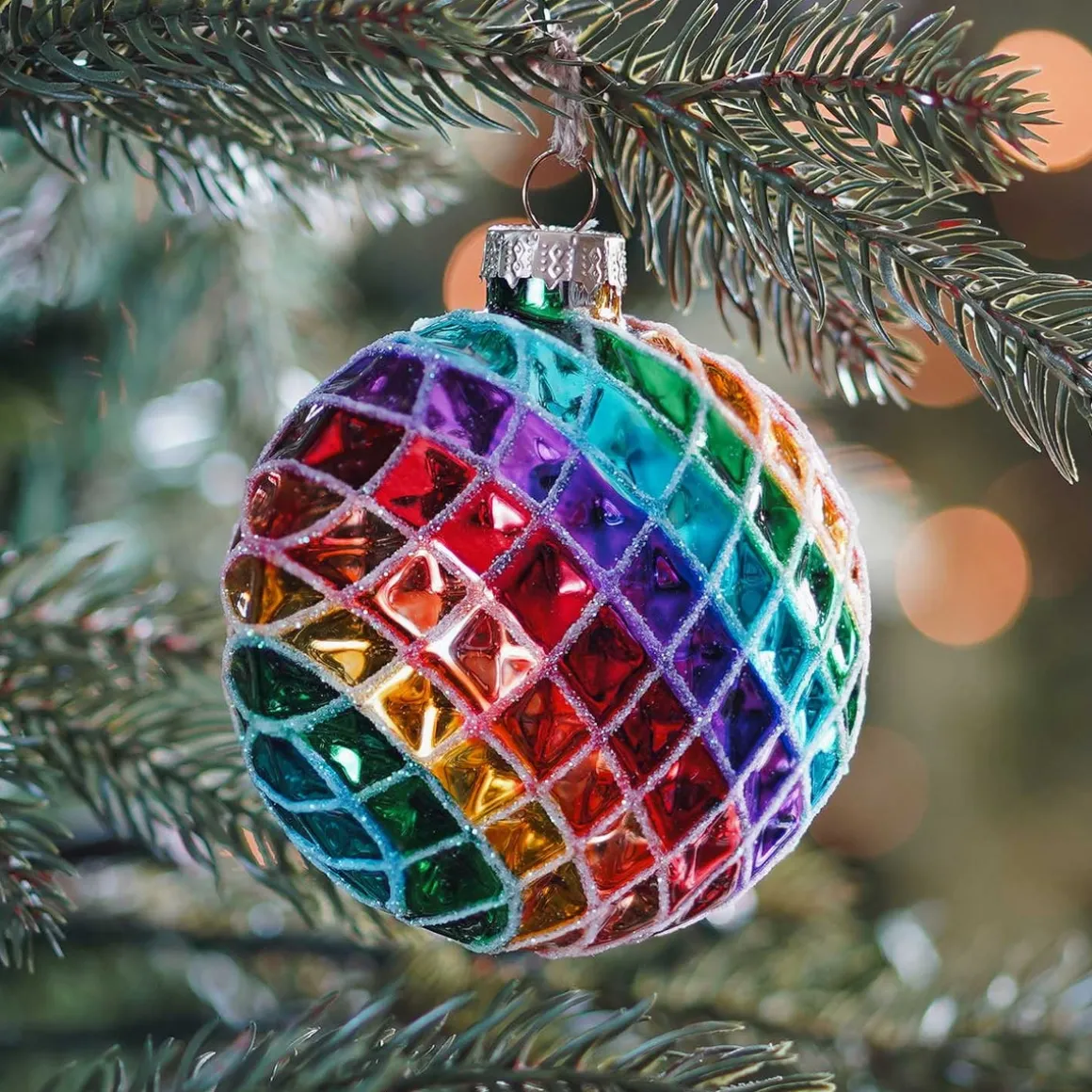 Rainbow Glass Christmas Bauble With Squares 9,5cm