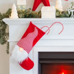 Red Christmas Stocking Decorated With A Gnome
