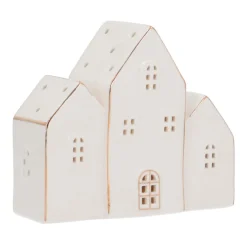 Row Of Miniature Houses With LEDs | Porcelain | 13cm High | White