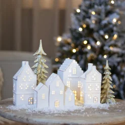 Row Of Miniature Houses With LEDs | Porcelain | 13cm High | White
