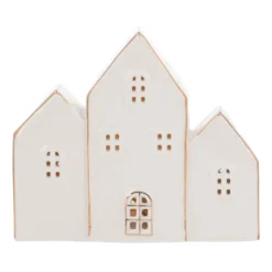 Row Of Miniature Houses With LEDs | Porcelain | 13cm High | White