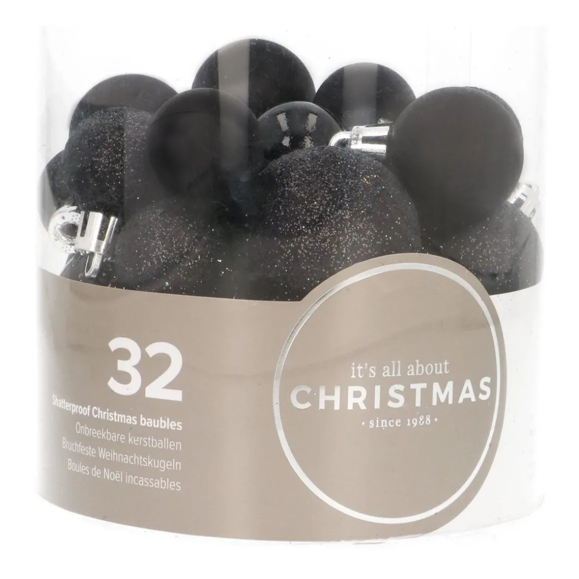 Set Of 32 Black Mini Shatterproof Baubles, 2.5-4 Cm