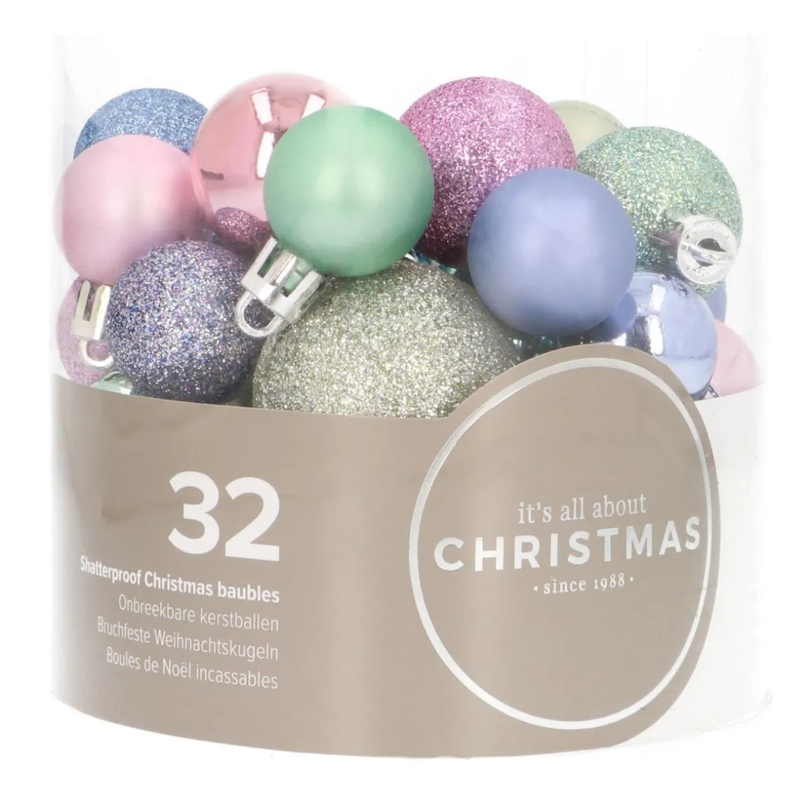Set Of 32 Pastel Mix Mini Shatterproof Baubles, 2.5-4 Cm