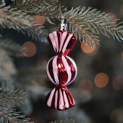 Set Of 4 Shatterproof Sweet Ornaments | Red White | 11 Cm