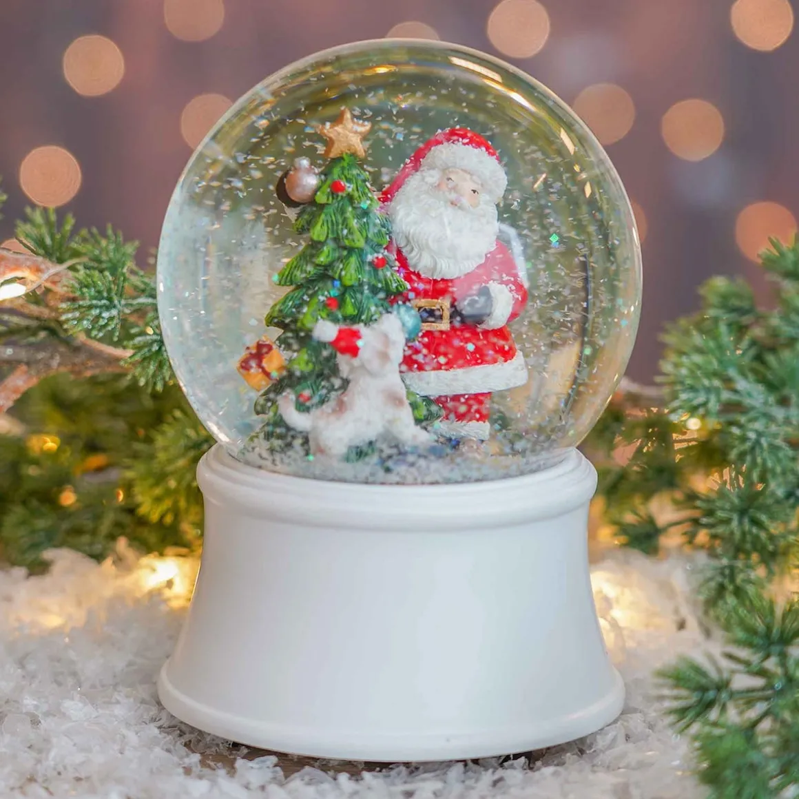 Snow Globe Santa With Dog 15cm With Music