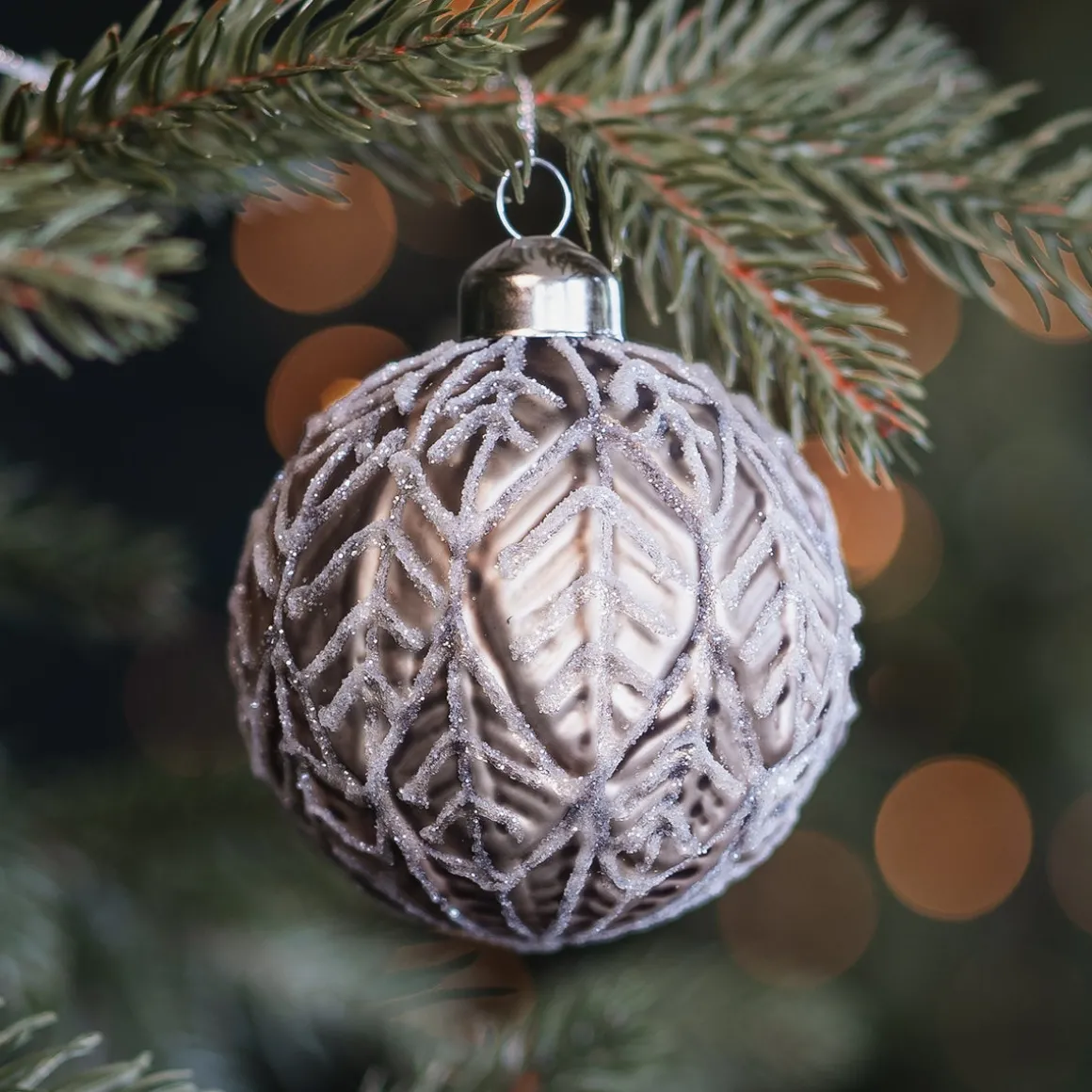 Taupe Christmas Bauble With Natural Leaf Motif