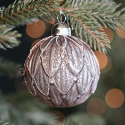 Taupe Christmas Bauble With Elegant Leaf Motif