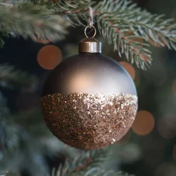 Taupe Christmas Bauble With Sparkling Glitter Dip