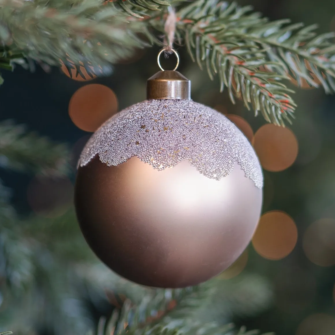 Taupe Christmas Bauble With Matte Finish And Glitters