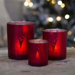 Tealight Holder With Christmas Trees | Glass | 8cm | Red