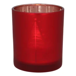 Tealight Holder With Christmas Trees | Glass | 8cm | Red