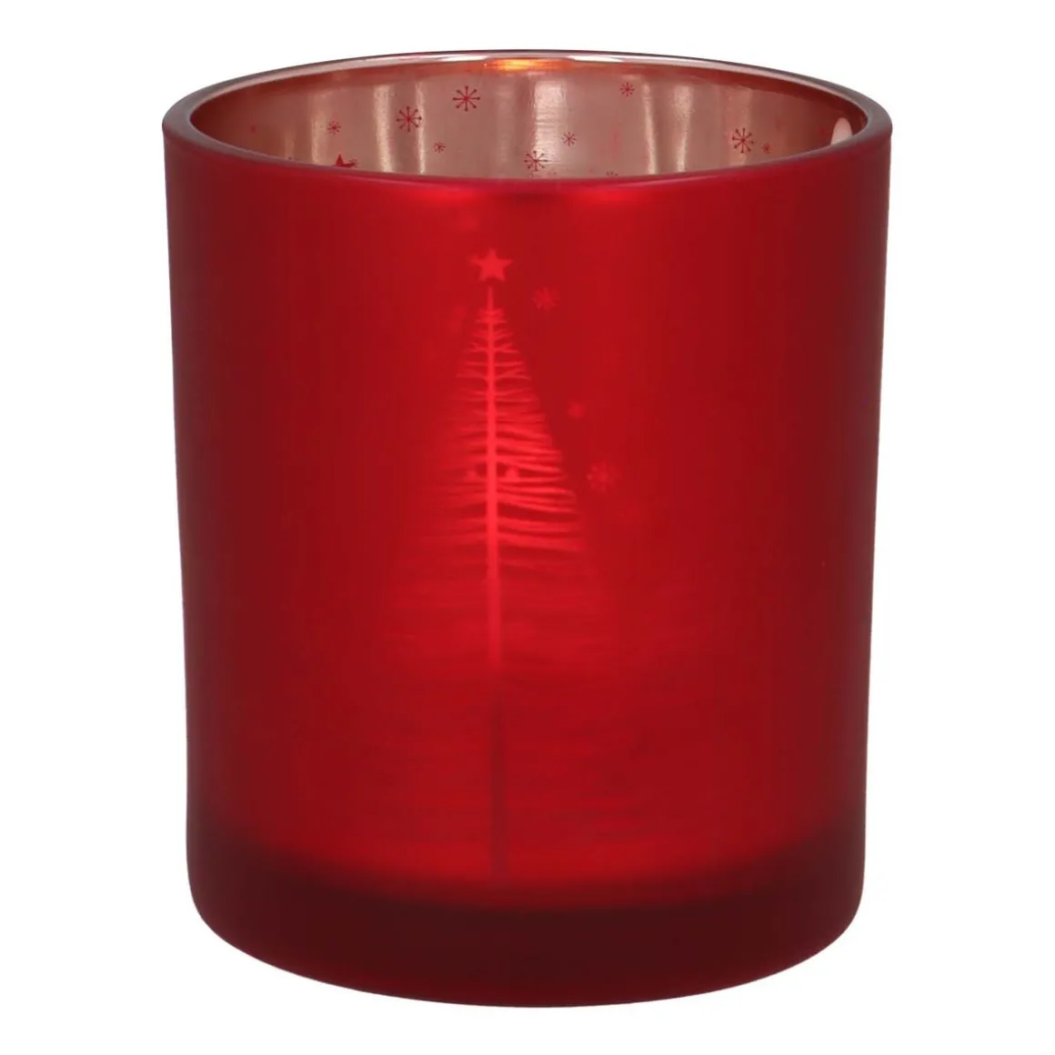 Tealight Holder With Christmas Trees | Glass | 8cm | Red