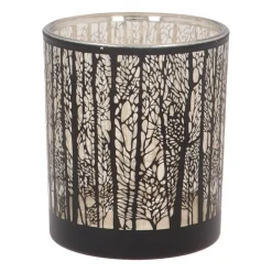 Tealight Holder With Forest Silhouette | Glass | Black-gold | 8cm