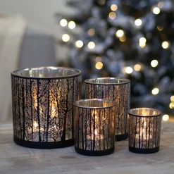 Tealight Holder With Forest Silhouette | Glass | Black-gold | 8cm