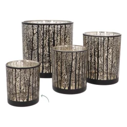 Tealight Holder With Forest Silhouette | Glass | Black-gold | 8cm