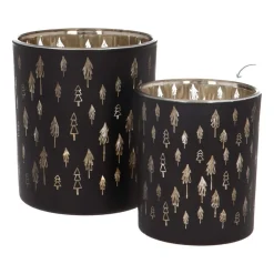 Tealight Holder With Little Christmas Trees | Glass | 8cm | Black-gold