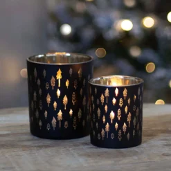 Tealight Holder With Little Christmas Trees | Glass | 8cm | Black-gold