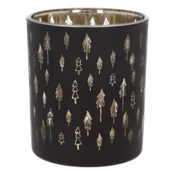 Tealight Holder With Little Christmas Trees | Glass | 10cm | Black-gold