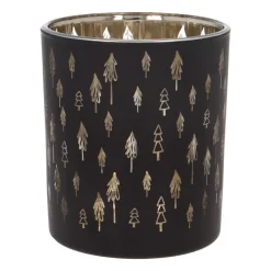 Tealight Holder With Little Christmas Trees | Glass | 10cm | Black-gold