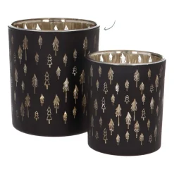 Tealight Holder With Little Christmas Trees | Glass | 10cm | Black-gold