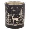 Tealight Holder With Reindeer In Forest | Glass | 8cm | Black-gold