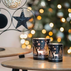 Tealight Holder With Reindeer In Forest | Glass | 8cm | Black-gold