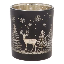 Tealight Holder With Reindeer In Forest | Glass | 8cm | Black-gold