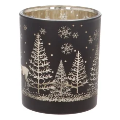 Tealight Holder With Reindeer In Forest | Glass | 8cm | Black-gold