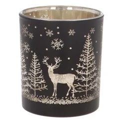Tealight Holder With Reindeer In Forest | Glass | 8cm | Black-gold