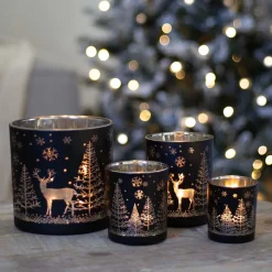 Tealight Holder With Reindeer In Forest | Glass | 10cm | Black-gold