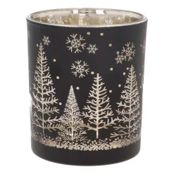 Tealight Holder With Reindeer In Forest | Glass | 10cm | Black-gold