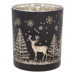 Tealight Holder With Reindeer In Forest | Glass | 10cm | Black-gold