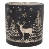 Tealight/candle Holder With Reindeer In Forest | Glass | 15cm | Black-gold
