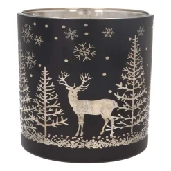 Tealight/candle Holder With Reindeer In Forest | Glass | 15cm | Black-gold
