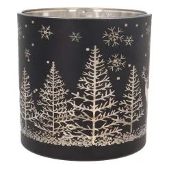 Tealight/candle Holder With Reindeer In Forest | Glass | 15cm | Black-gold