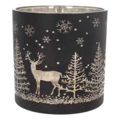 Tealight/candle Holder With Reindeer In Forest | Glass | 15cm | Black-gold