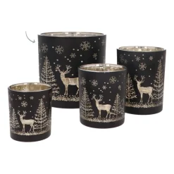 Tealight/candle Holder With Reindeer In Forest | Glass | 15cm | Black-gold