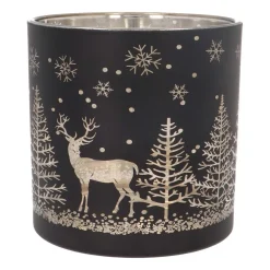 Tealight/candle Holder With Reindeer In Forest | Glass | 15cm | Black-gold