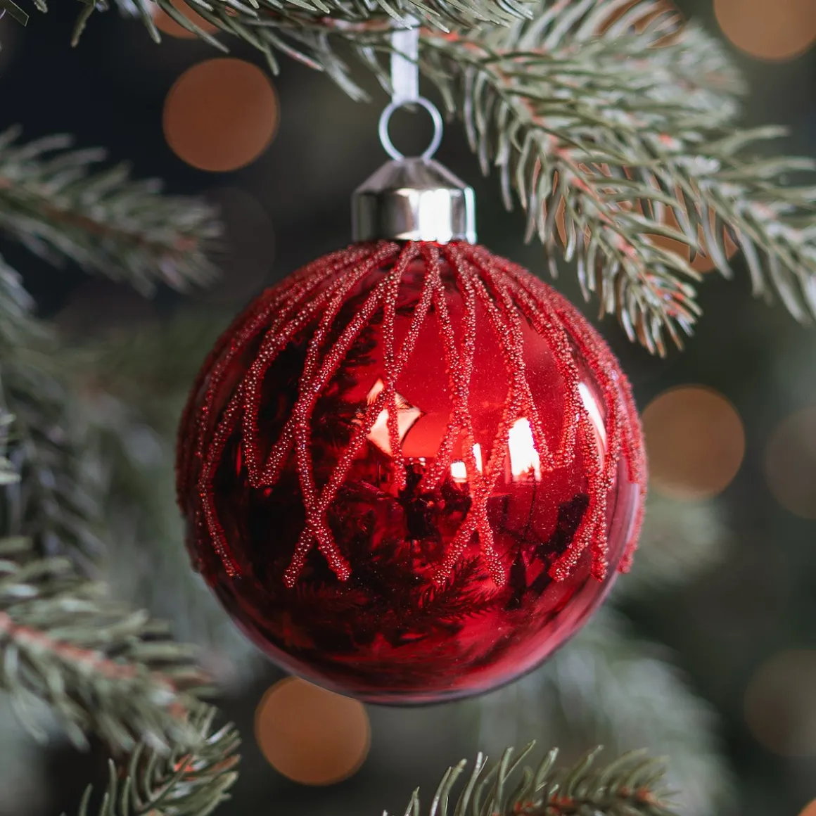 Traditional Red Christmas Bauble With Dewdrop Stripes
