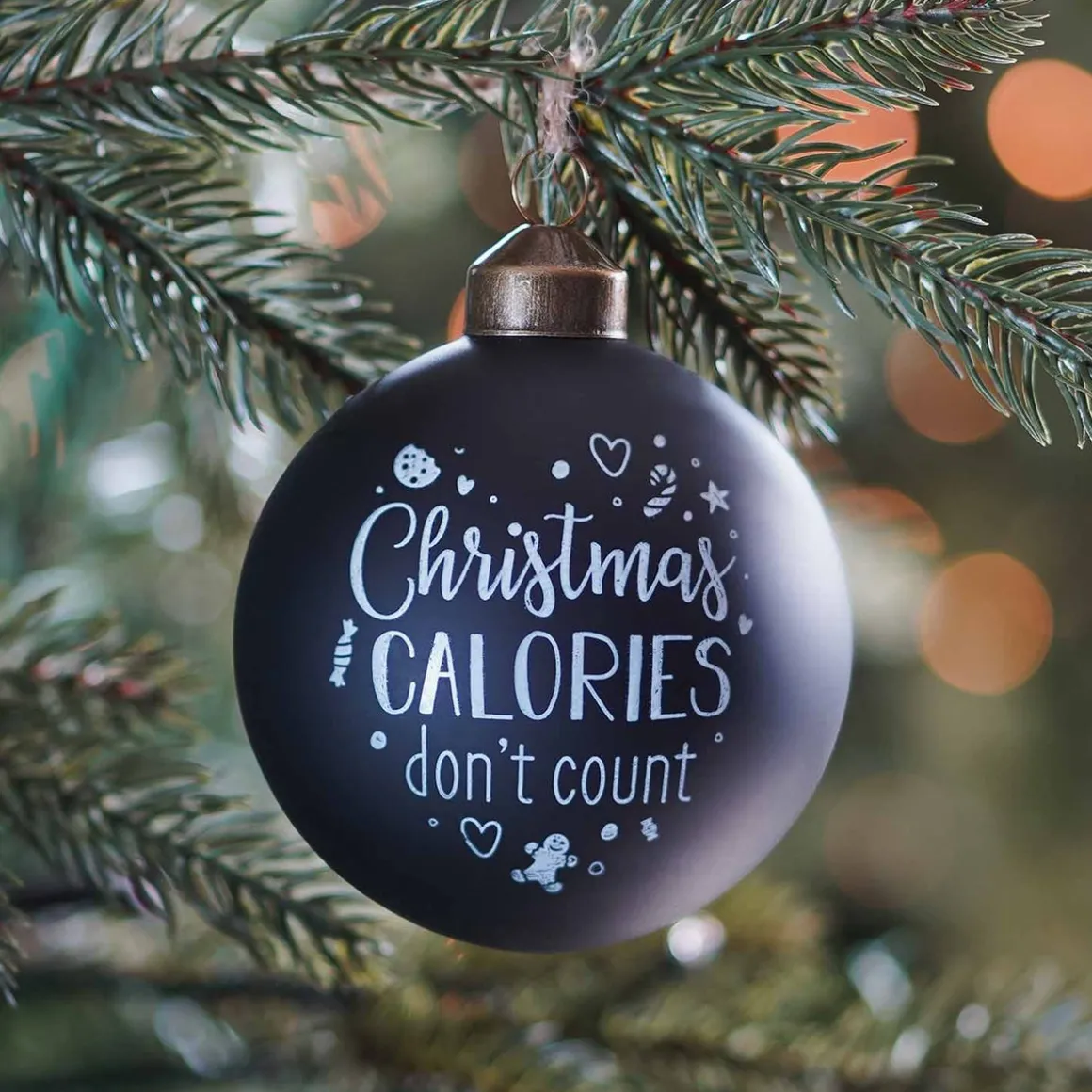 Unique Glass Christmas Bauble "Christmas Calories Don't Count" 8cm Black