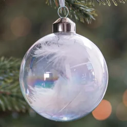 Unique Glass Christmas Bauble With Feathers 8cm White
