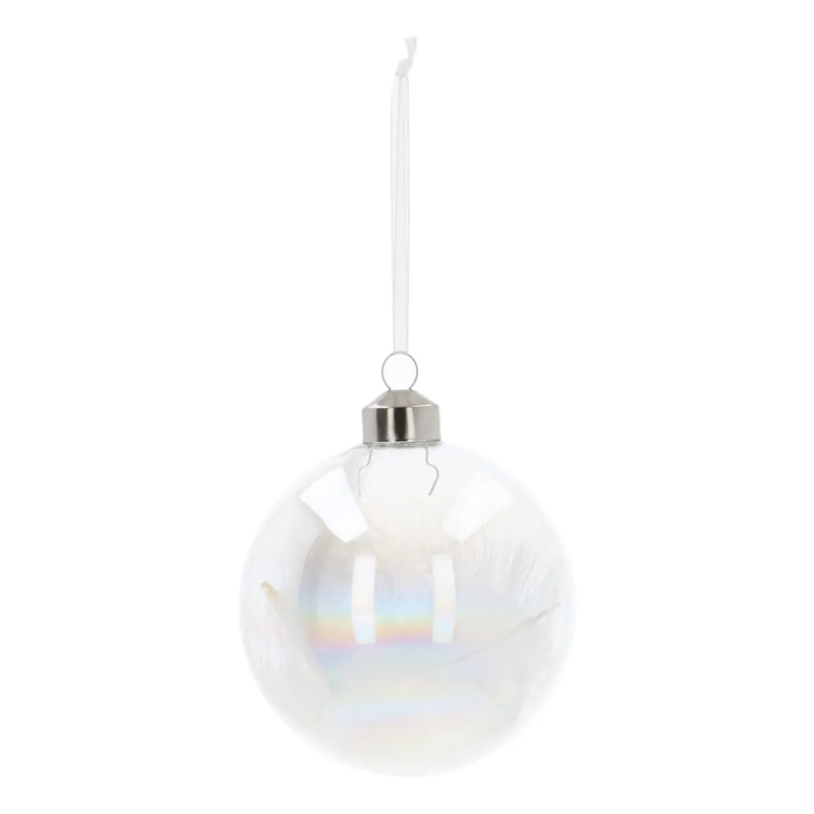 Unique Glass Christmas Bauble With Feathers 8cm White