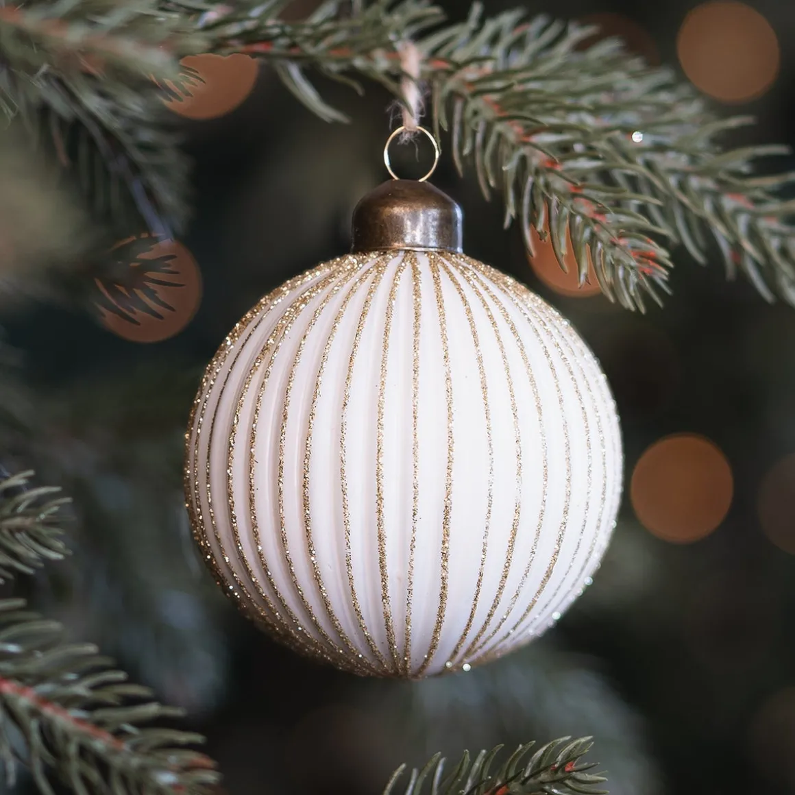 White Christmas Bauble With Gold Glitter Stripes
