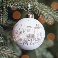 White Christmas Bauble With Fine Cut-Out Houses