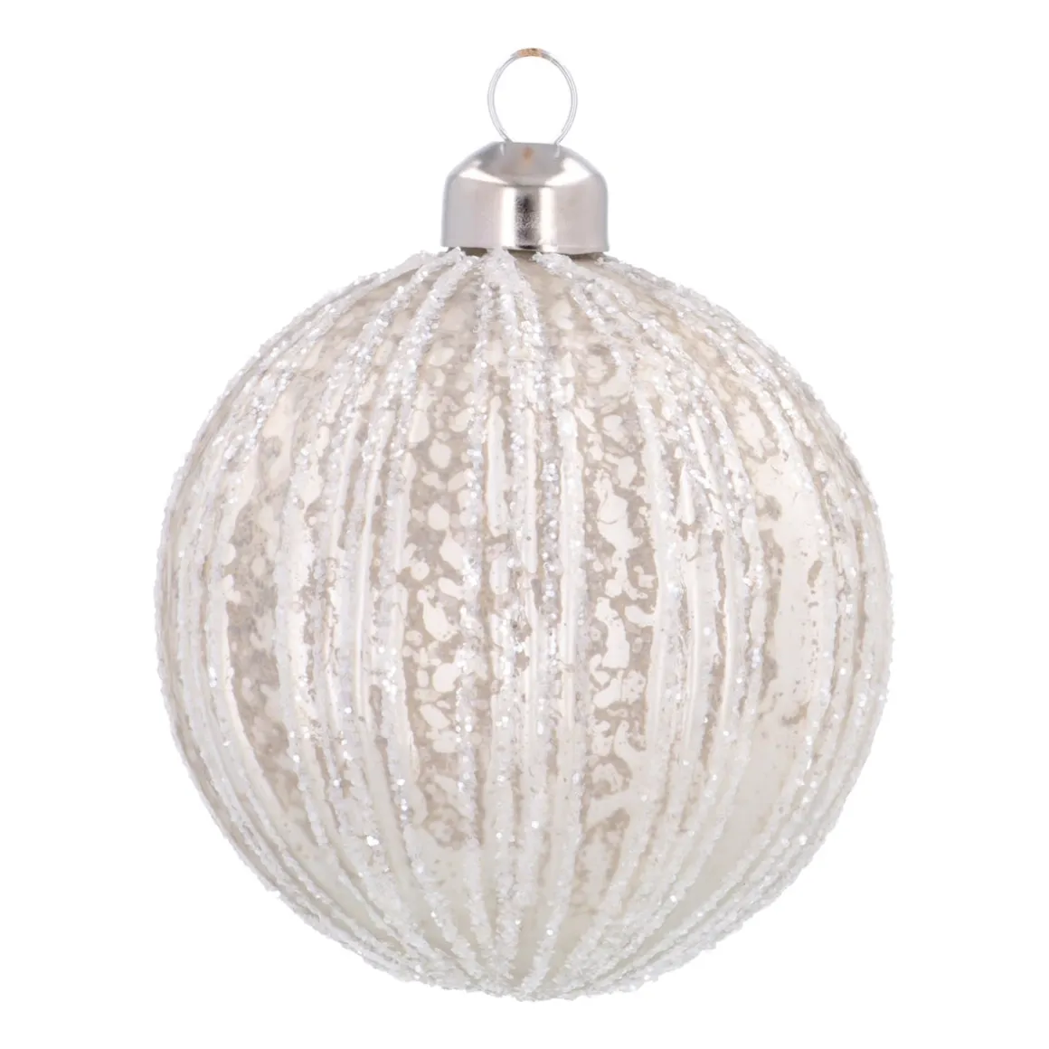 White Crackle Christmas Bauble With Glitter Stripes