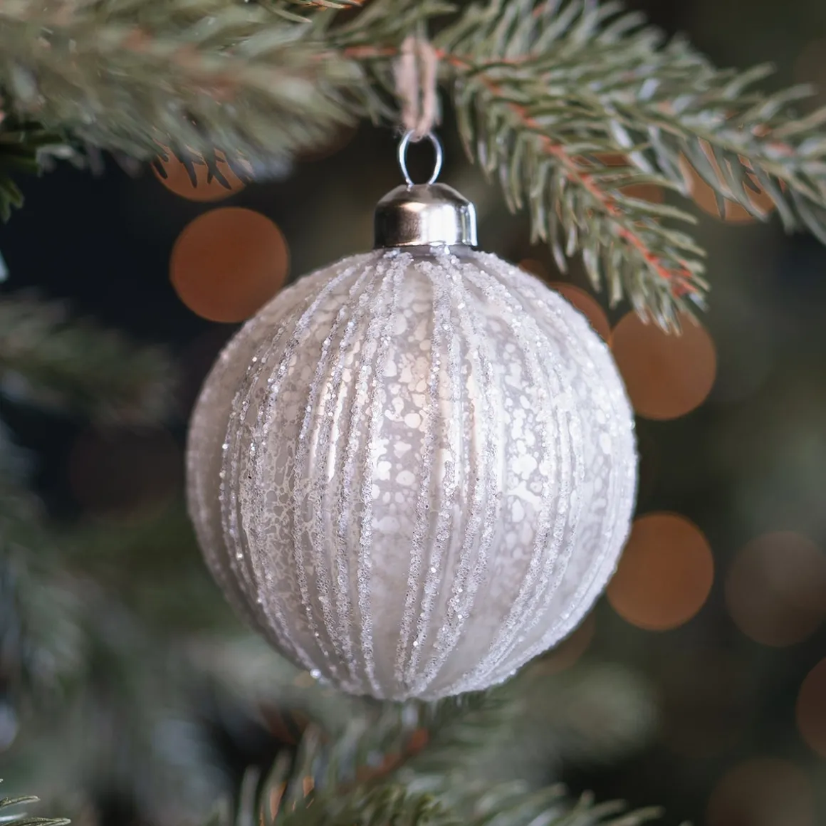 White Crackle Christmas Bauble With Glitter Stripes