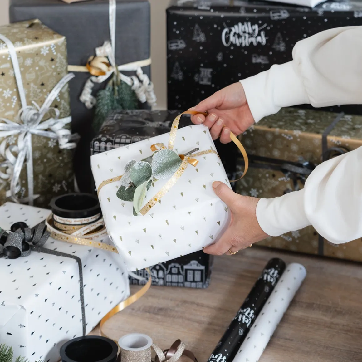 White Wrapping Paper Roll With Metallic Christmas Trees
