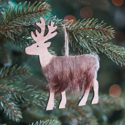 Wooden Fur Reindeer Ornament | Natural | 12 Cm